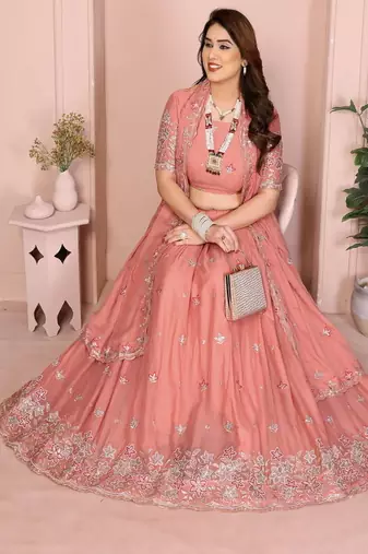 Peach Sequins Embroidered Georgette A Line Lehenga Choli with Dupatta