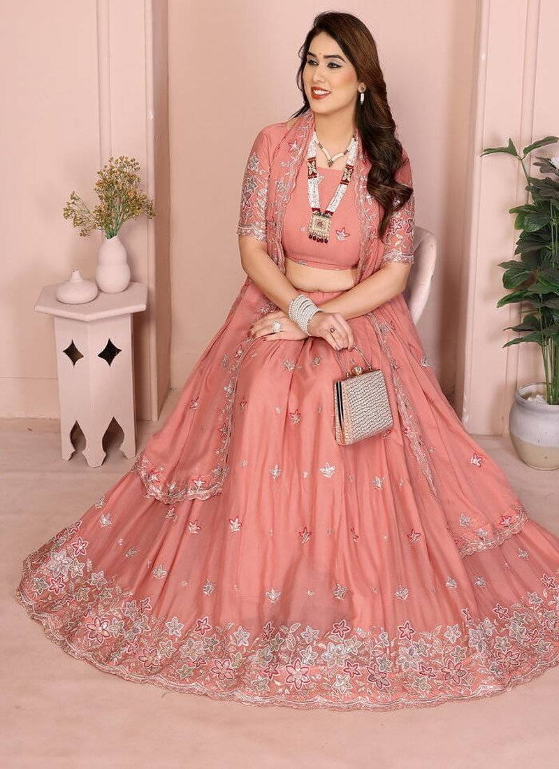 Peach Sequins Embroidered Georgette A Line Lehenga Choli with Dupatta