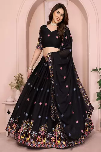 Black Sequins Embroidered Georgette A Line Lehenga Choli with Dupatta