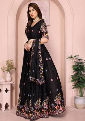Black Sequins Embroidered Georgette A Line Lehenga Choli with Dupatta 3