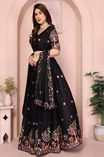 Black Sequins Embroidered Georgette A Line Lehenga Choli with Dupatta