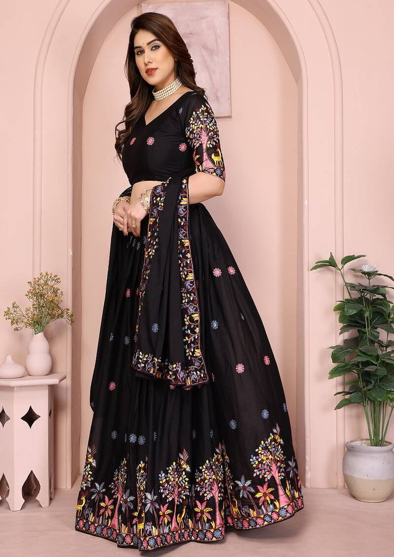 Black Sequins Embroidered Georgette A Line Lehenga Choli with Dupatta