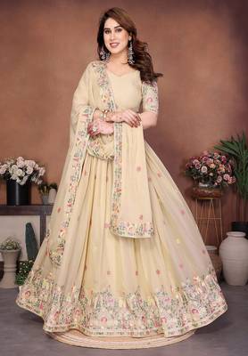 Beige Sequins Embroidered Georgette A Line Bridal Lehenga Choli with Dupatta 1
