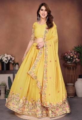 Yellow Sequins Embroidered Georgette A Line Lehenga Choli with Dupatta 1