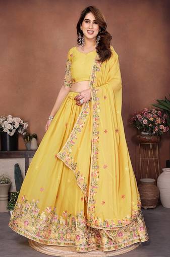 Yellow Sequins Embroidered Georgette A Line Lehenga Choli with Dupatta