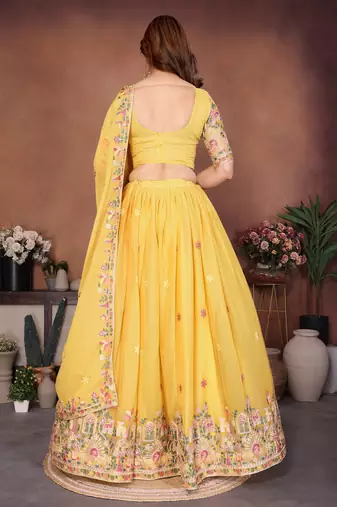 Yellow Sequins Embroidered Georgette A Line Lehenga Choli with Dupatta