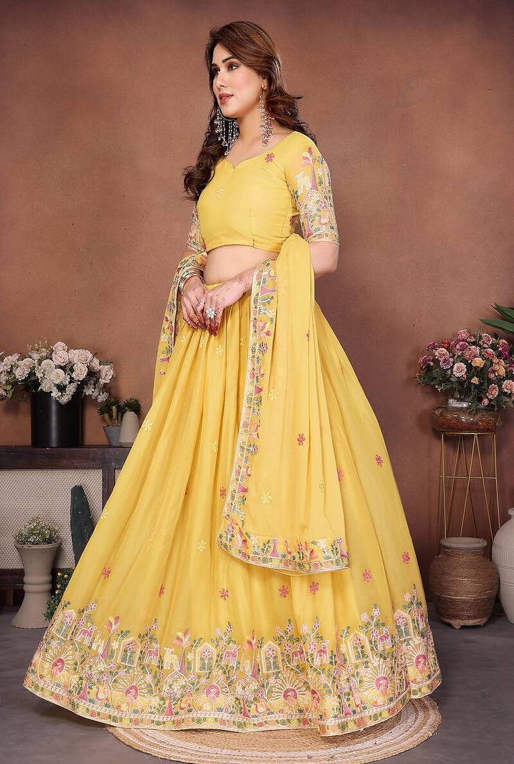Yellow Sequins Embroidered Georgette A Line Lehenga Choli with Dupatta