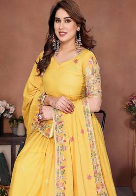 Yellow Sequins Embroidered Georgette A Line Lehenga Choli with Dupatta 4