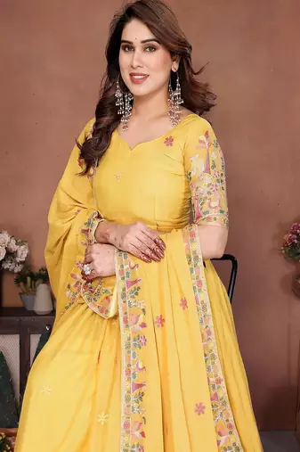 Yellow Sequins Embroidered Georgette A Line Lehenga Choli with Dupatta