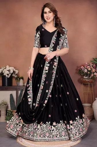 Black Sequins Embroidered Georgette A Line Lehenga Choli with Dupatta