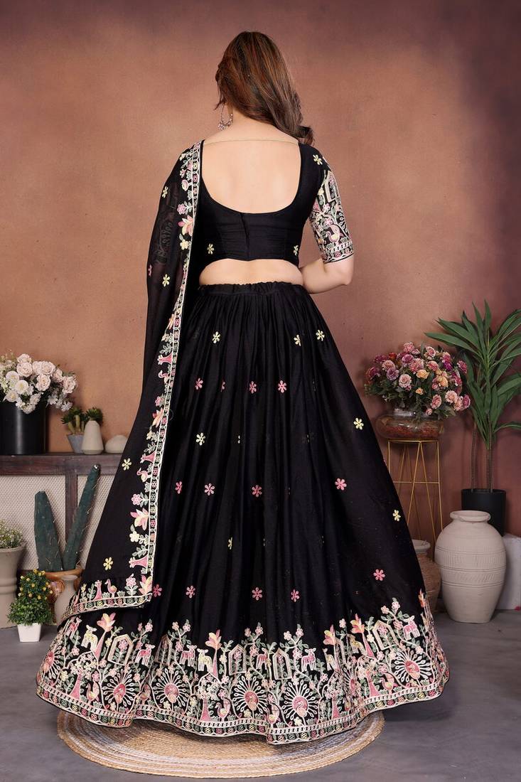 Black Sequins Embroidered Georgette A Line Lehenga Choli with Dupatta