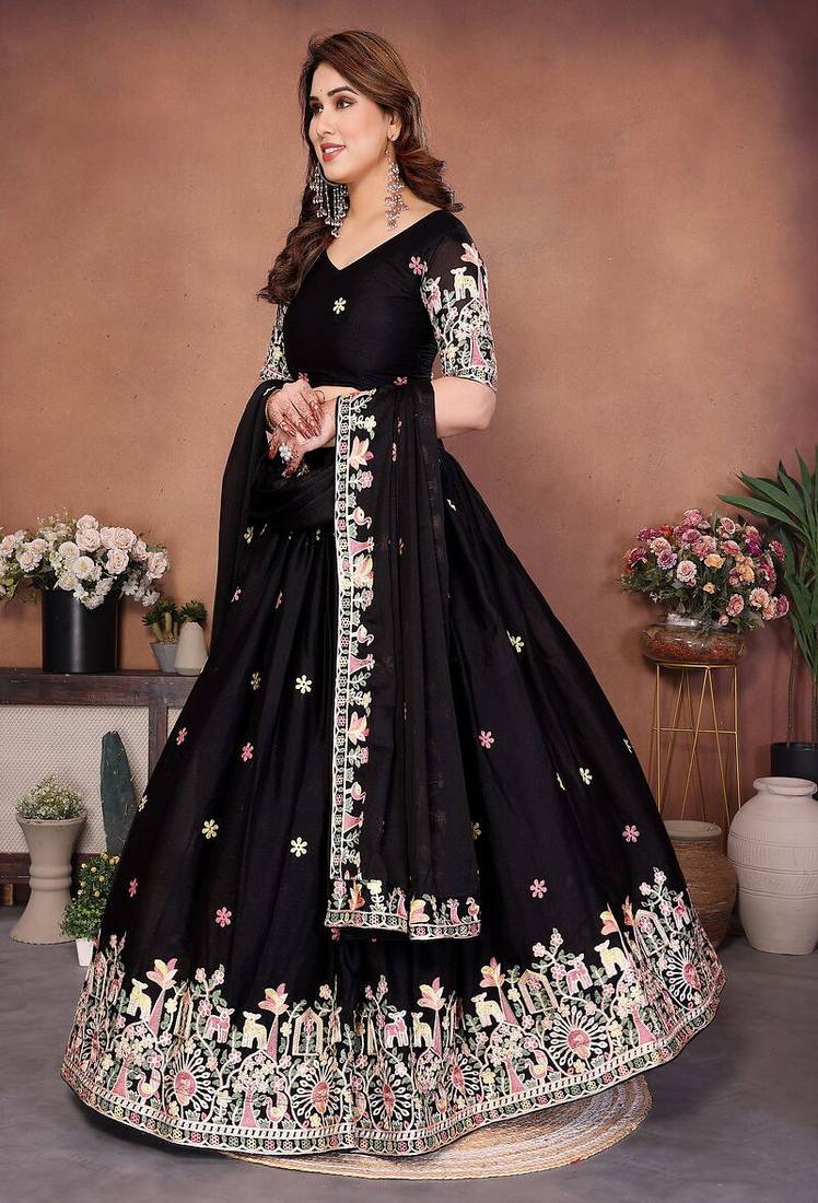 Black Sequins Embroidered Georgette A Line Lehenga Choli with Dupatta