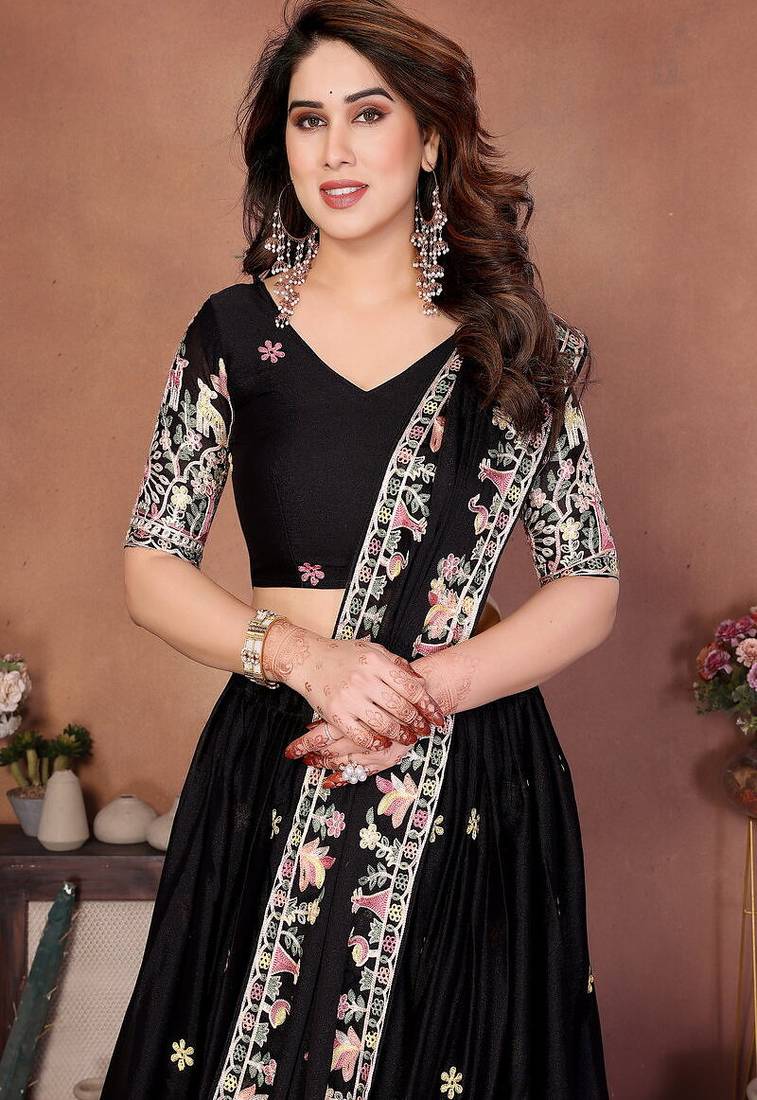 Black Sequins Embroidered Georgette A Line Lehenga Choli with Dupatta
