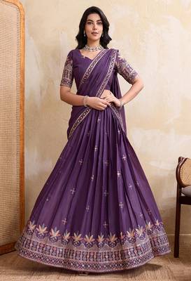 Purple Sequins Embroidered Georgette A Line Bridal Lehenga Choli with Dupatta 1