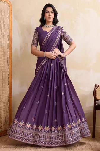 Purple Sequins Embroidered Georgette A Line Bridal Lehenga Choli with Dupatta