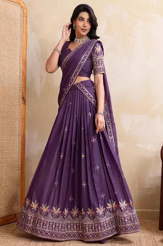 Purple Sequins Embroidered Georgette A Line Bridal Lehenga Choli with Dupatta