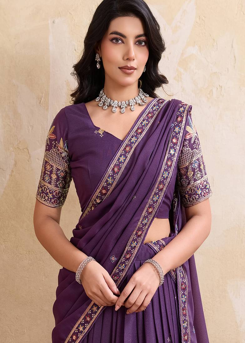 Purple Sequins Embroidered Georgette A Line Bridal Lehenga Choli with Dupatta