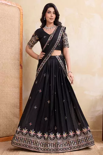 Black Sequins Embroidered Georgette A Line Lehenga Choli with Dupatta