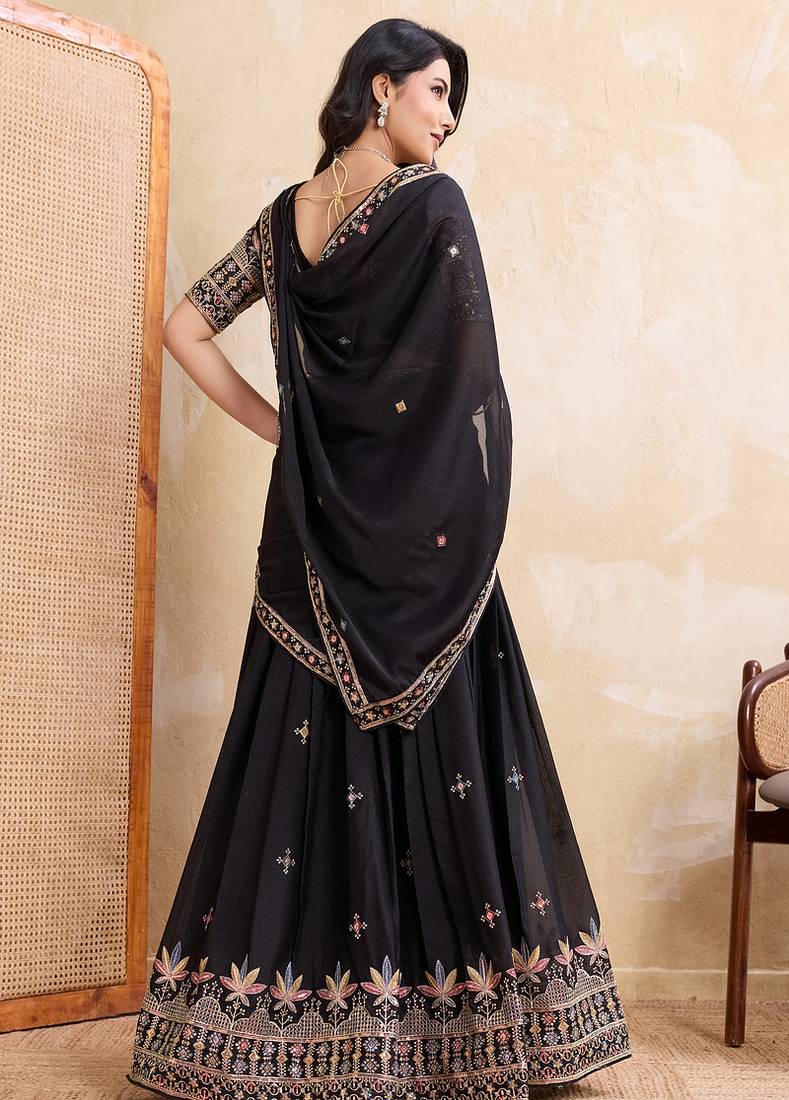 Black Sequins Embroidered Georgette A Line Lehenga Choli with Dupatta