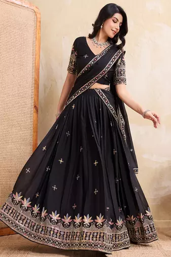 Black Sequins Embroidered Georgette A Line Lehenga Choli with Dupatta