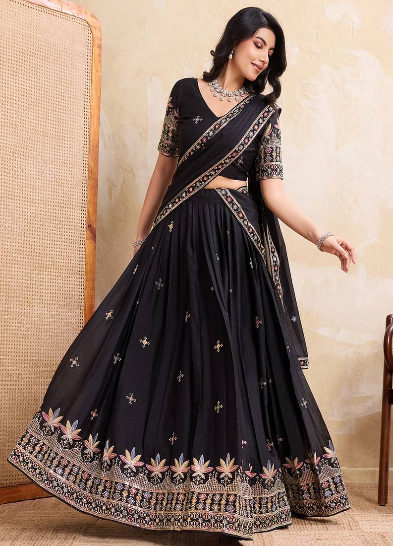 Black Sequins Embroidered Georgette A Line Lehenga Choli with Dupatta
