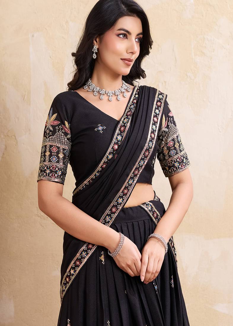 Black Sequins Embroidered Georgette A Line Lehenga Choli with Dupatta