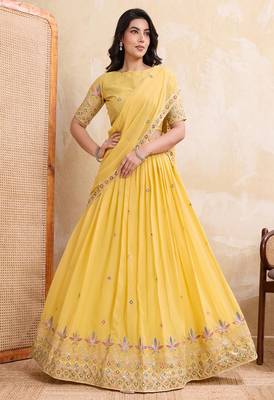 Yellow Sequins Embroidered Georgette A Line Lehenga Choli with Dupatta 1