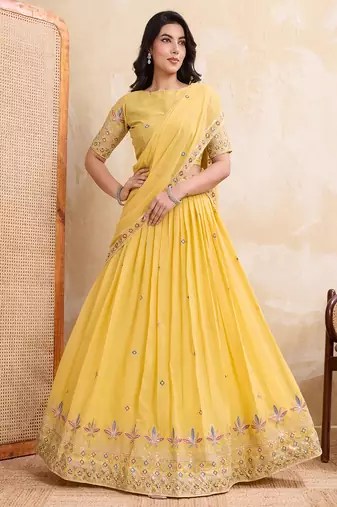 Yellow Sequins Embroidered Georgette A Line Lehenga Choli with Dupatta