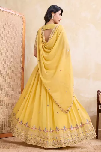 Yellow Sequins Embroidered Georgette A Line Lehenga Choli with Dupatta
