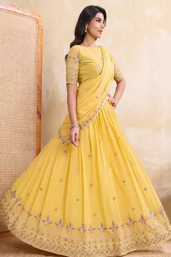 Yellow Sequins Embroidered Georgette A Line Lehenga Choli with Dupatta