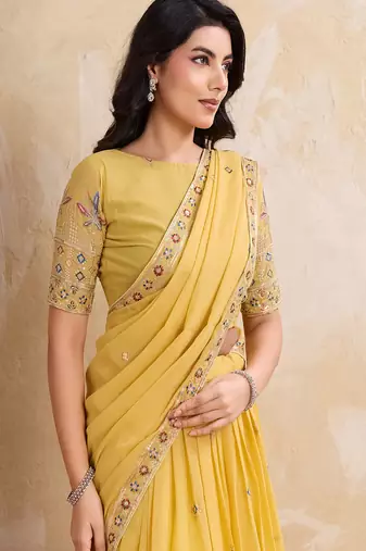 Yellow Sequins Embroidered Georgette A Line Lehenga Choli with Dupatta