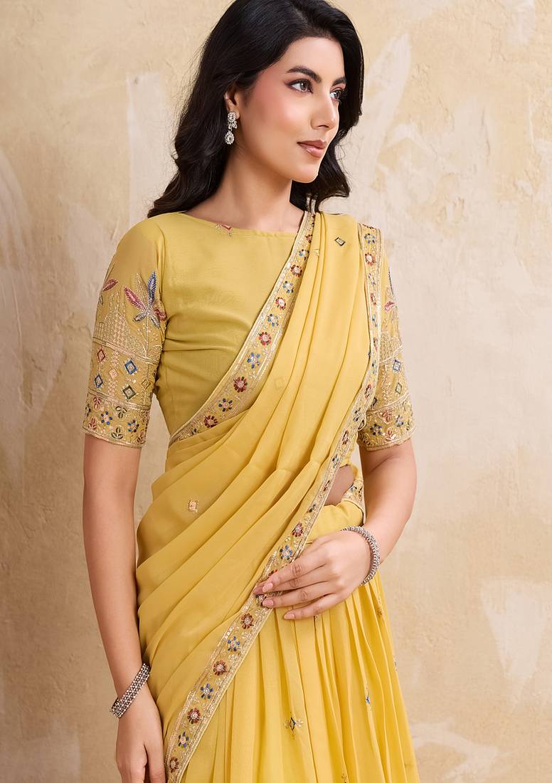 Yellow Sequins Embroidered Georgette A Line Lehenga Choli with Dupatta