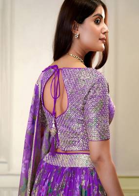 Purple Sequins Embroidered Organza A Line Lehenga Choli with Dupatta 3