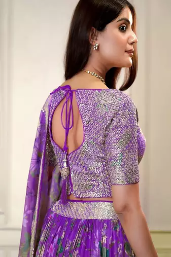 Purple Sequins Embroidered Organza A Line Lehenga Choli with Dupatta