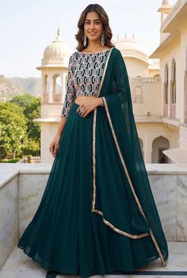 Green Sequins Embroidered Georgette A Line Lehenga Choli with Dupatta 1