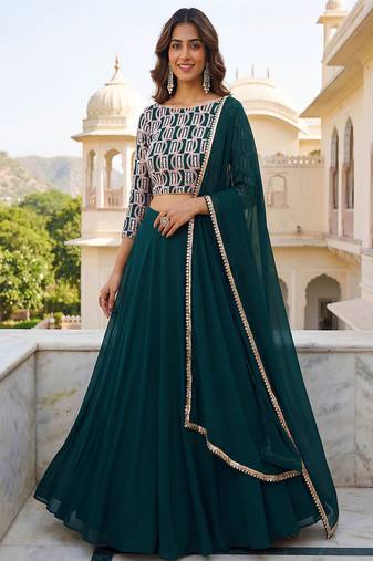 Green Sequins Embroidered Georgette A Line Lehenga Choli with Dupatta
