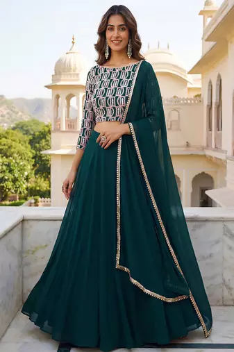 Green Sequins Embroidered Georgette A Line Lehenga Choli with Dupatta