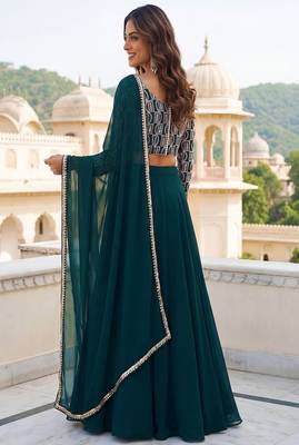 Green Sequins Embroidered Georgette A Line Lehenga Choli with Dupatta 2