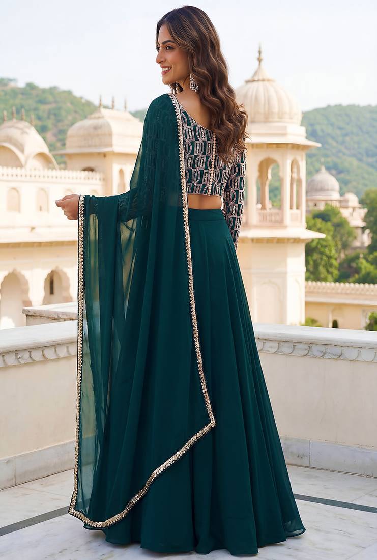 Green Sequins Embroidered Georgette A Line Lehenga Choli with Dupatta