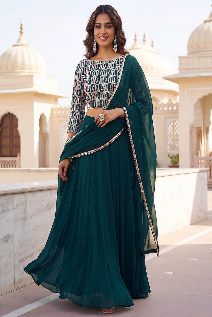 Green Sequins Embroidered Georgette A Line Lehenga Choli with Dupatta