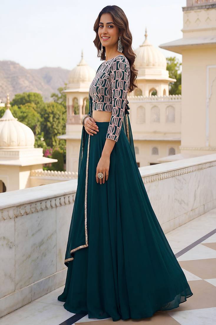 Green Sequins Embroidered Georgette A Line Lehenga Choli with Dupatta