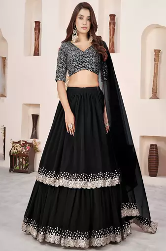 Black Sequins Embroidered Georgette A Line Lehenga Choli with Net Dupatta