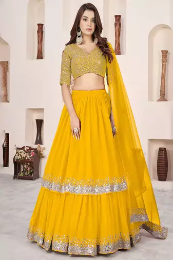 Yellow Sequins Embroidered Georgette A Line Lehenga Choli with Net Dupatta