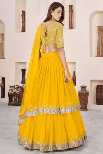 Yellow Sequins Embroidered Georgette A Line Lehenga Choli with Net Dupatta