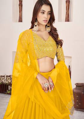 Yellow Sequins Embroidered Georgette A Line Lehenga Choli with Net Dupatta 4
