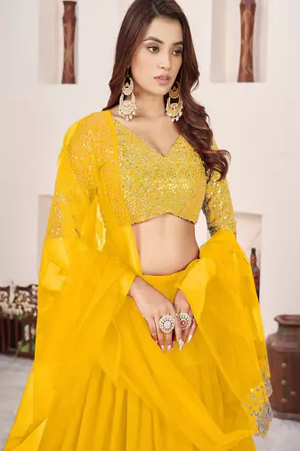 Yellow Sequins Embroidered Georgette A Line Lehenga Choli with Net Dupatta