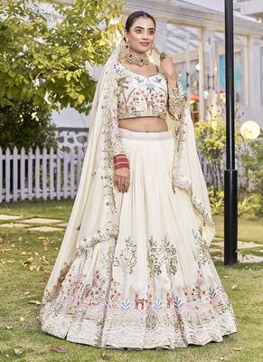 Off White Sequins Embroidered Polyester A Line Lehenga Choli with Dupatta 1