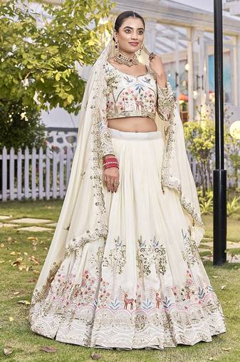 Off White Sequins Embroidered Polyester A Line Lehenga Choli with Dupatta
