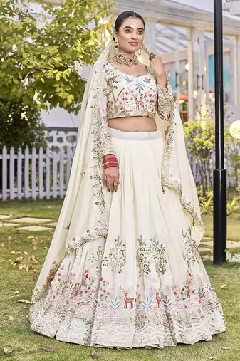 Off White Sequins Embroidered Polyester A Line Lehenga Choli with Dupatta