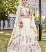 Off White Sequins Embroidered Polyester A Line Lehenga Choli with Dupatta